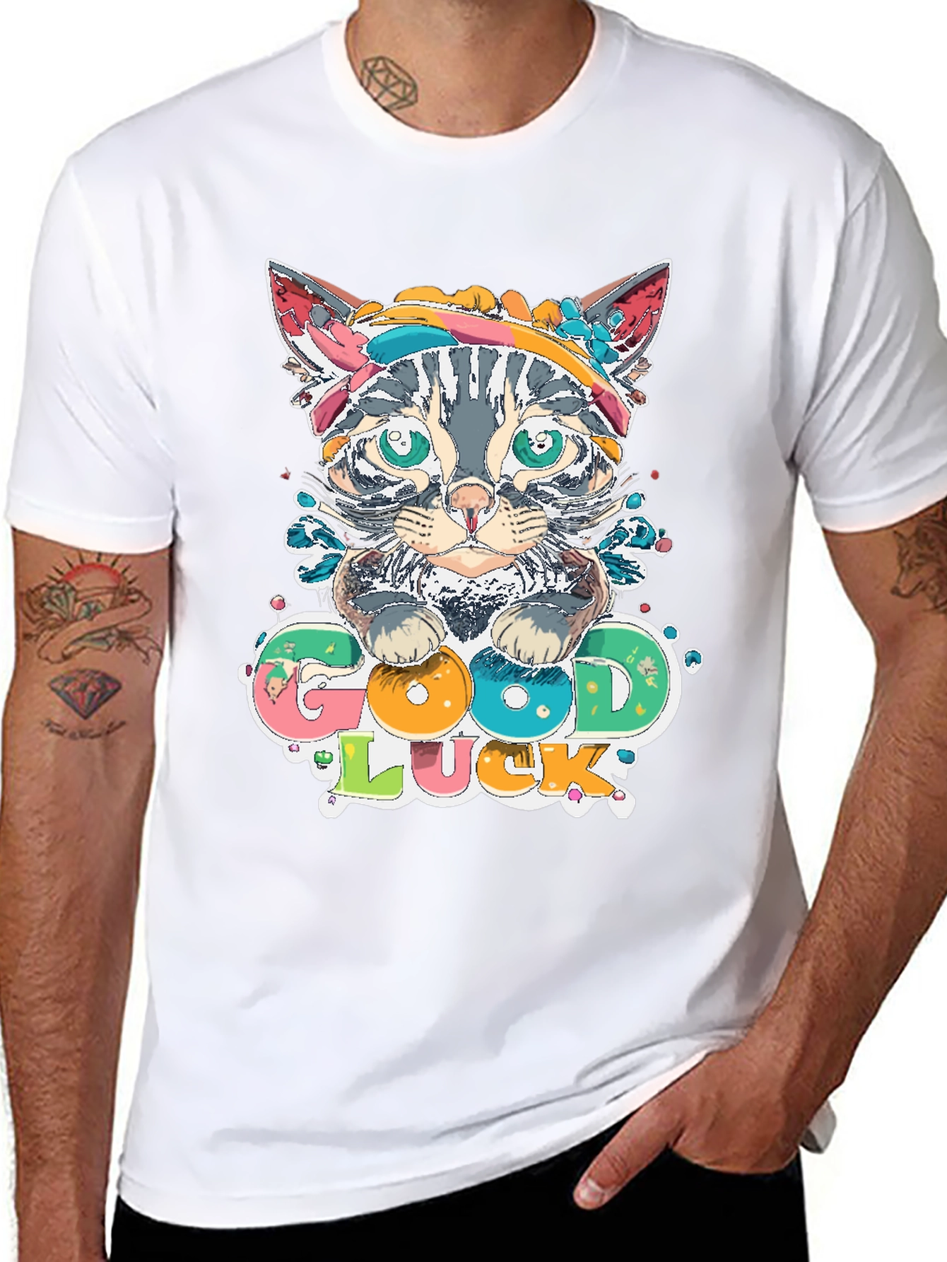 Good Luck Kitten Graphic Tee - Mens Black T-Shirt