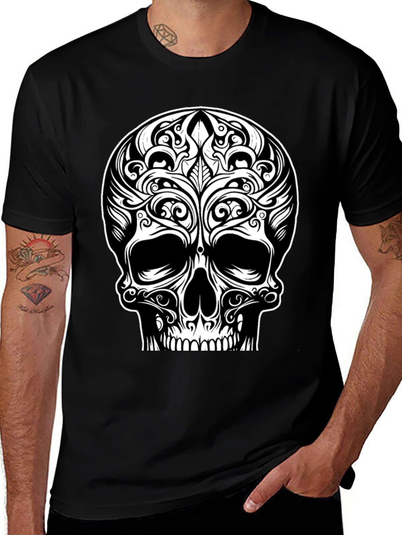 Tribal Skull Graphic Tee - Black Cotton T-Shirt