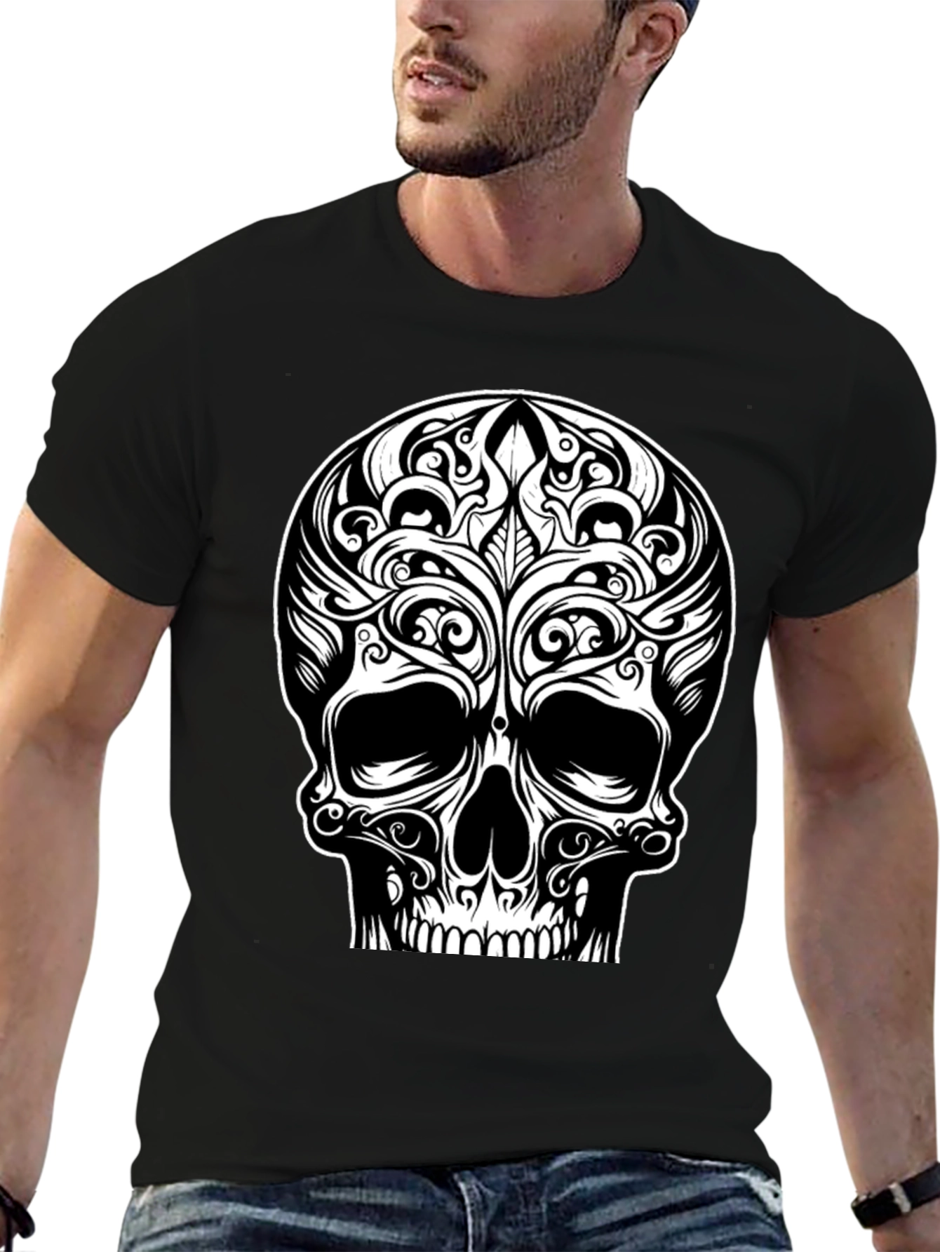 Tribal Skull Graphic Tee - Black Cotton T-Shirt