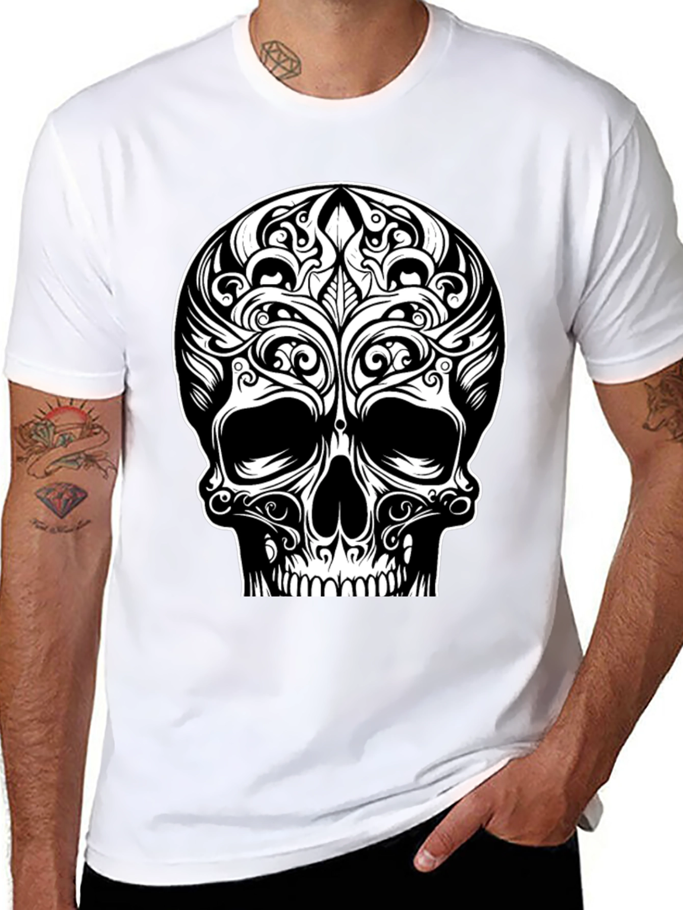Tribal Skull Graphic Tee - Black Cotton T-Shirt