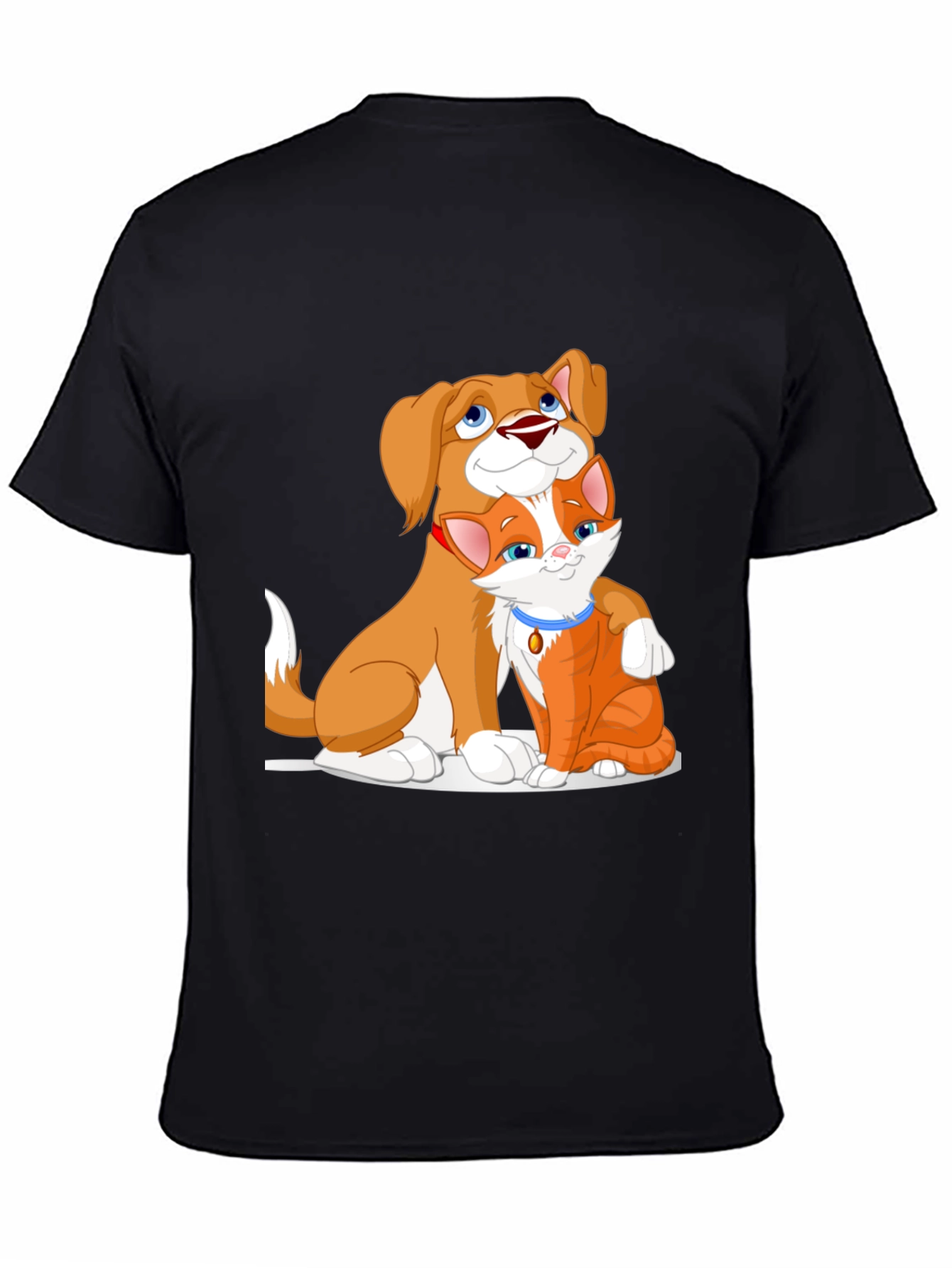 Cute Dog and Cat Cartoon Black T-Shirt