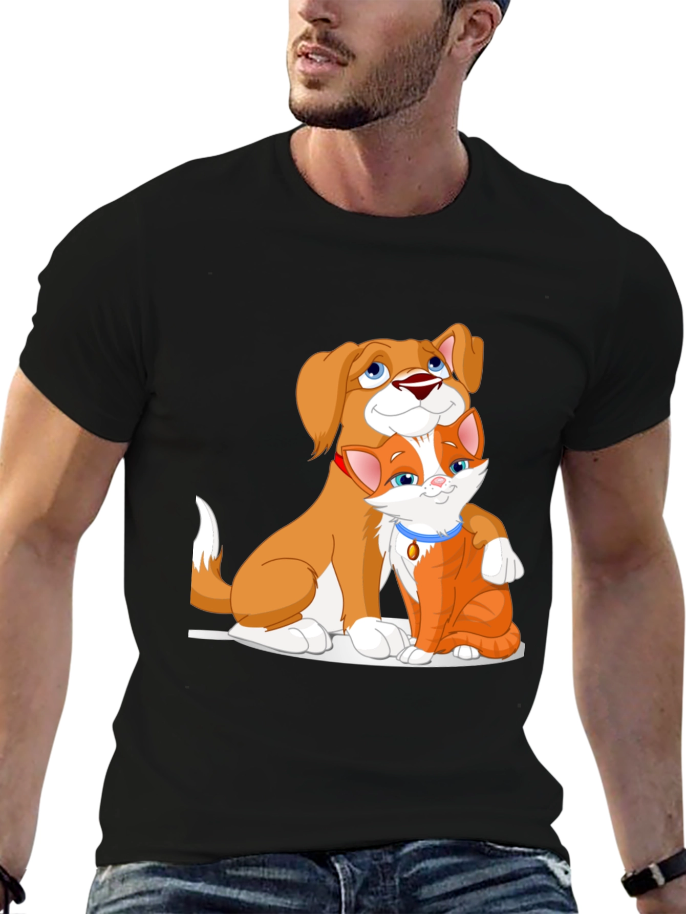 Cute Dog and Cat Cartoon Black T-Shirt