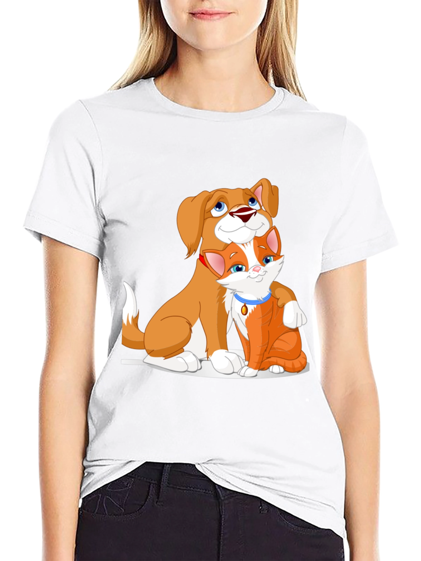 Cute Dog and Cat Cartoon Black T-Shirt