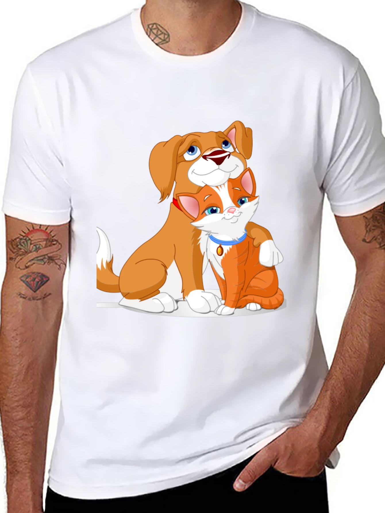 Cute Dog and Cat Cartoon Black T-Shirt