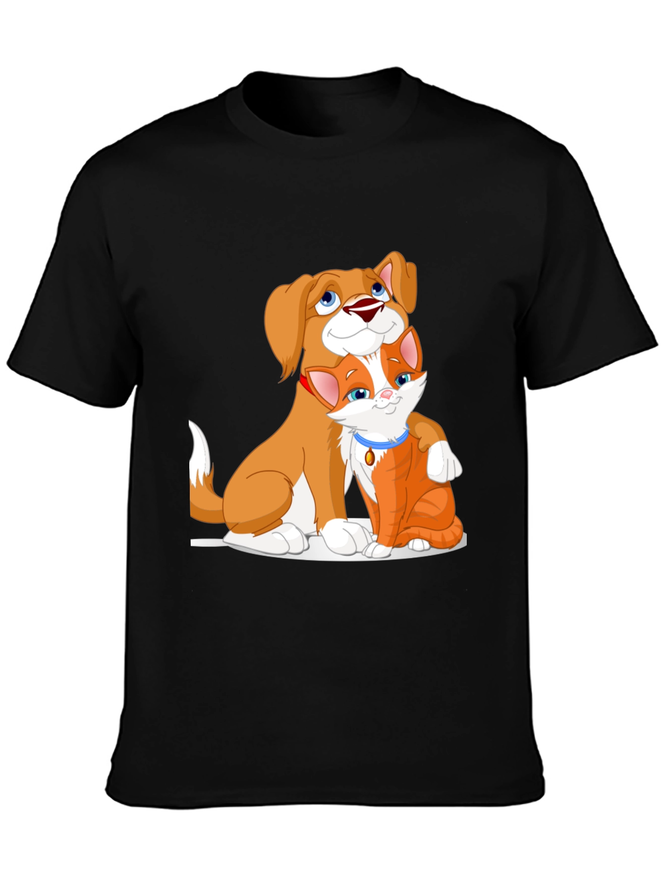 Cute Dog and Cat Cartoon Black T-Shirt