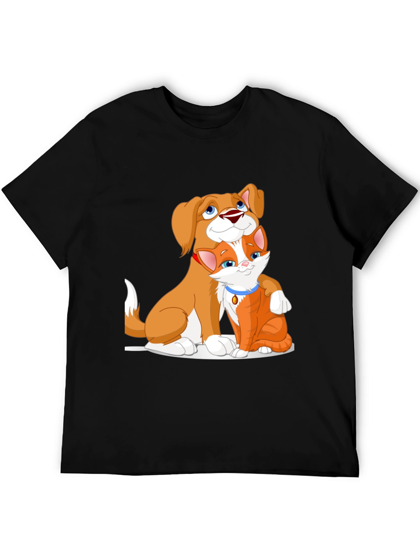 Cute Dog and Cat Cartoon Black T-Shirt