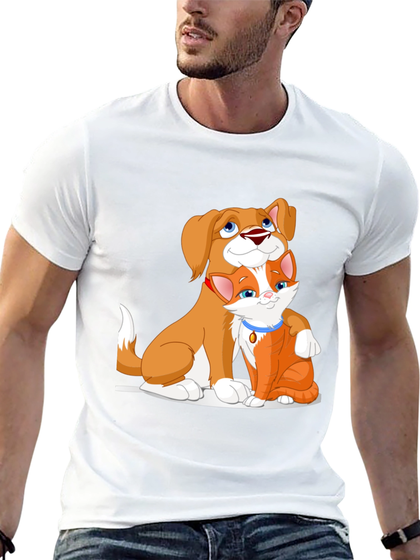 Cute Dog and Cat Cartoon Black T-Shirt