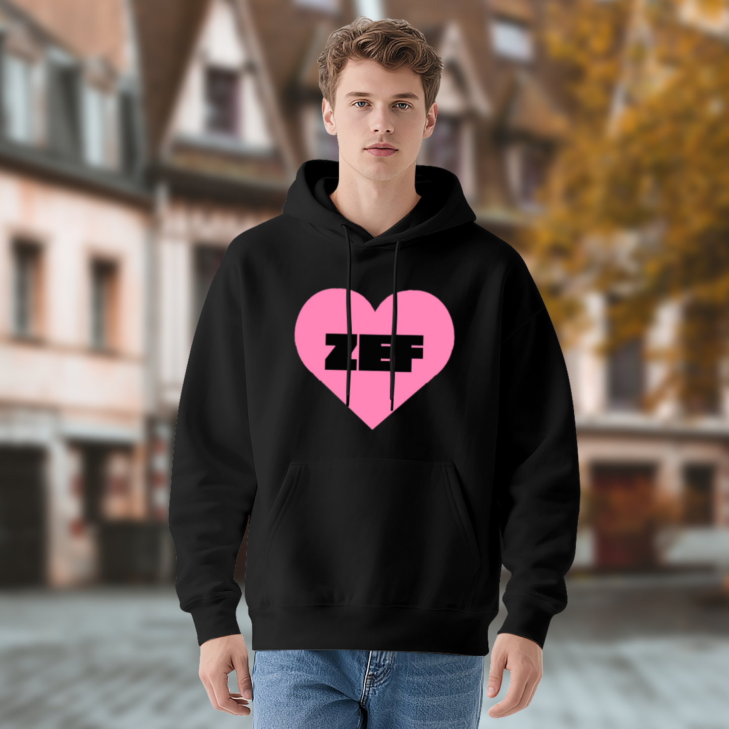 ZEF Bold Pink Heart Graphic Black Hoodie, Soft Hip Hop Streetwear Sweatshirt