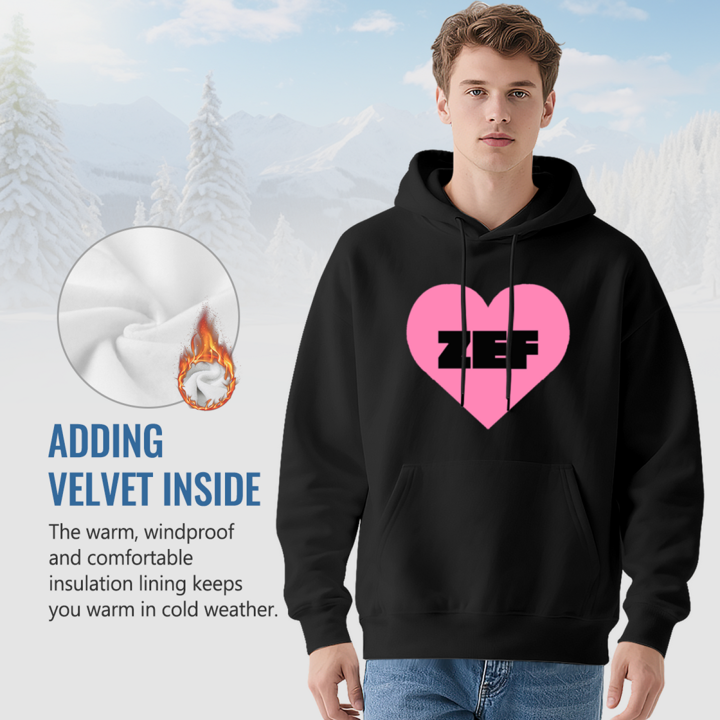ZEF Bold Pink Heart Graphic Black Hoodie, Soft Hip Hop Streetwear Sweatshirt