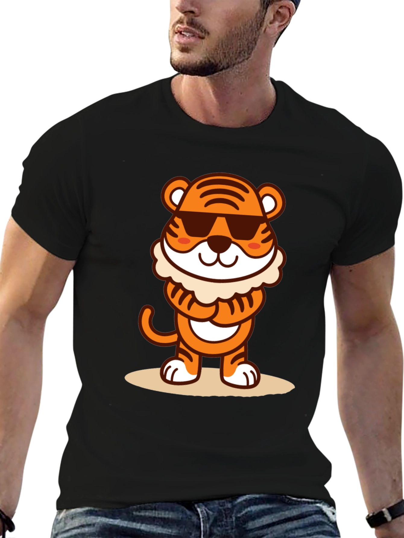 Cool Cartoon Tiger Graphic Tee - Black