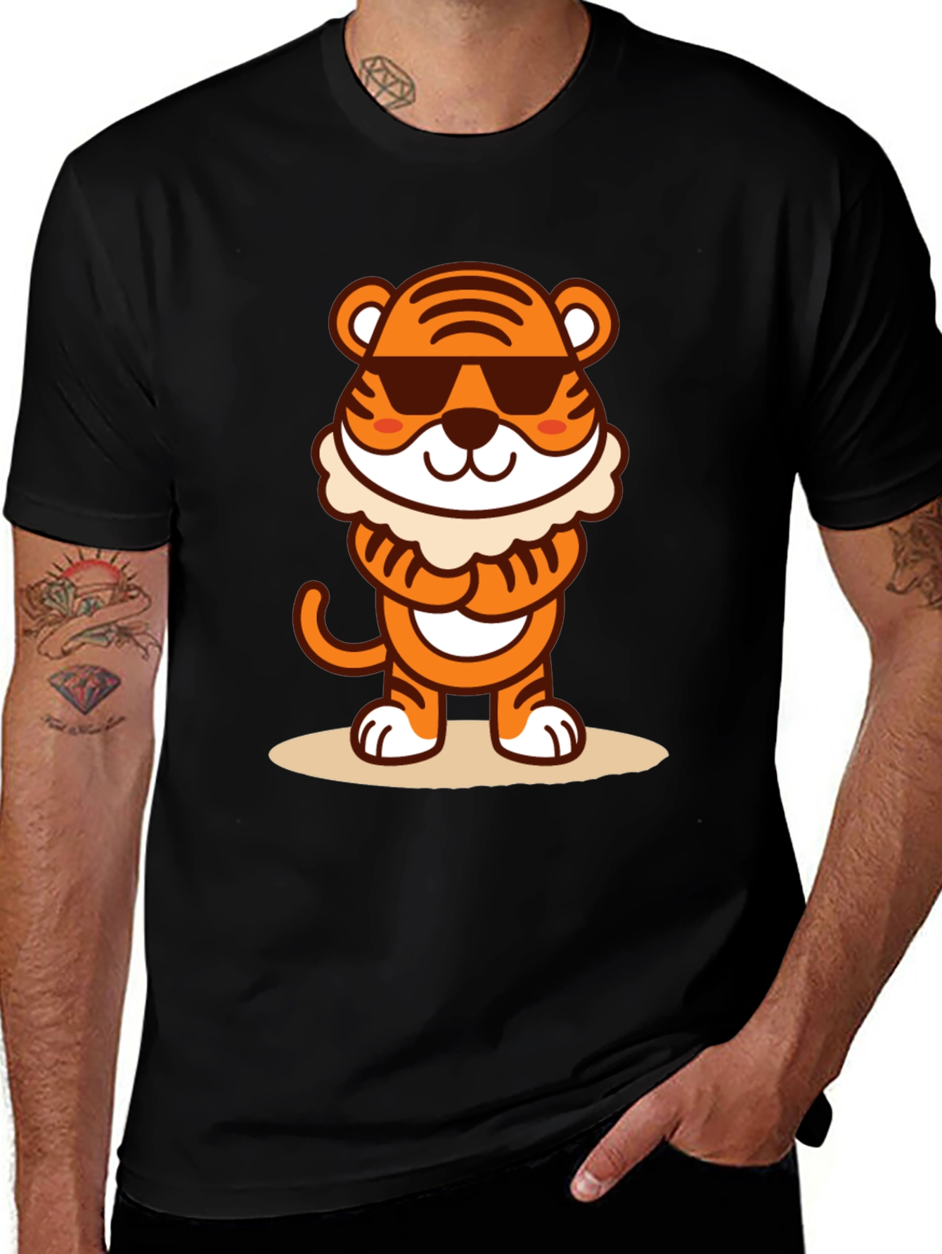 Cool Cartoon Tiger Graphic Tee - Black