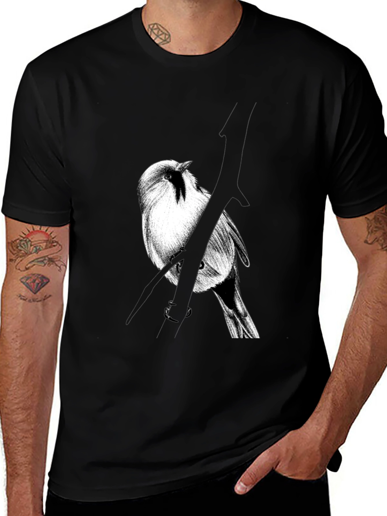 Bird on Branch Graphic Tee - Black Cotton
