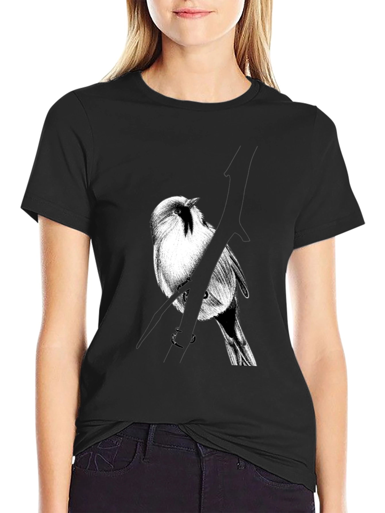 Bird on Branch Graphic Tee - Black Cotton