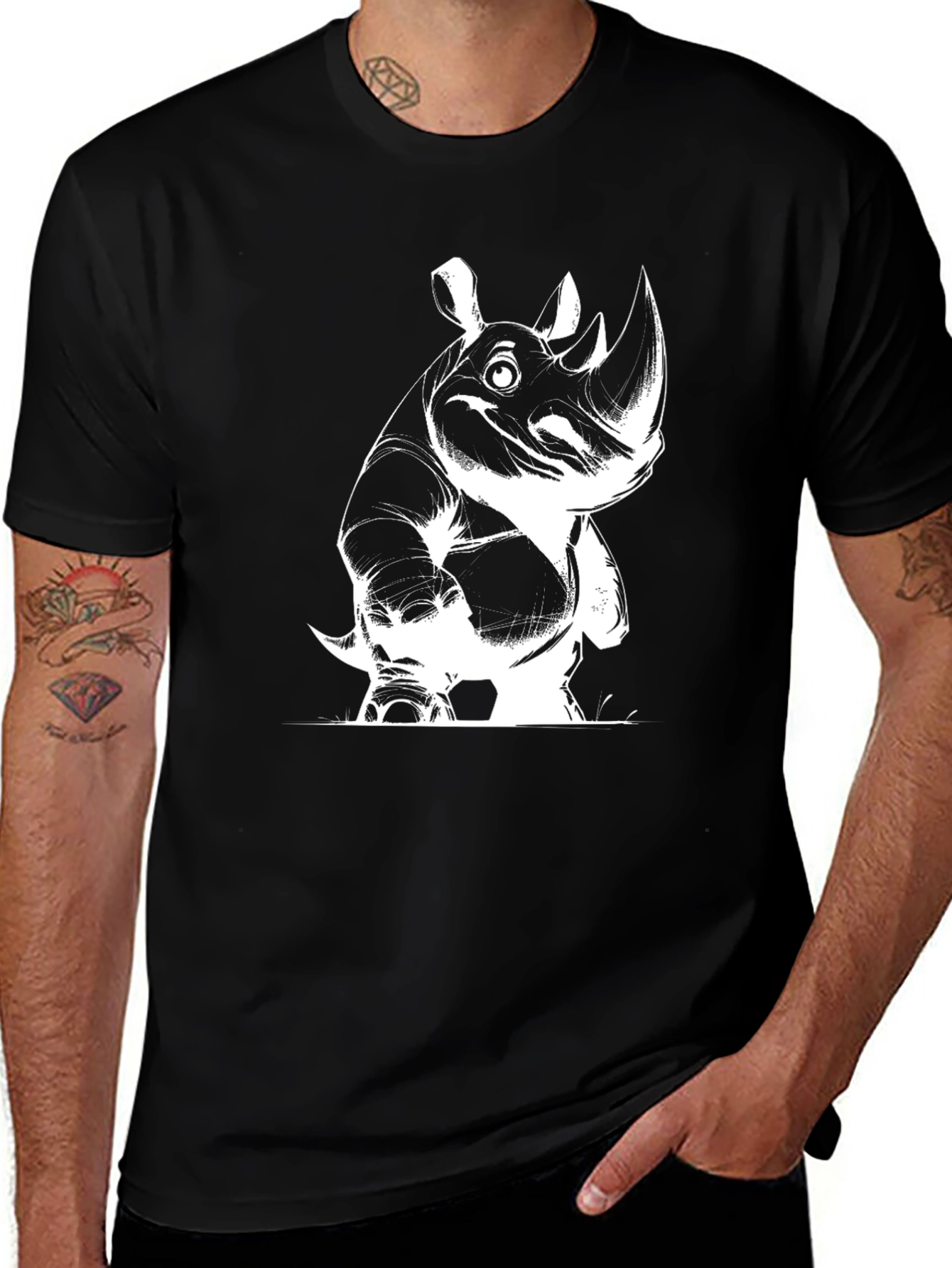 Rhino Graphic Tee - Black Cotton Casual T-Shirt