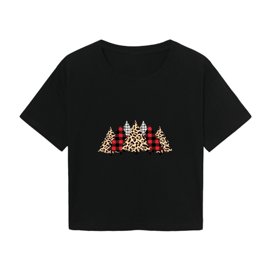 Leopard Buffalo Plaid Christmas Trees Trendy Holiday Crop Tee