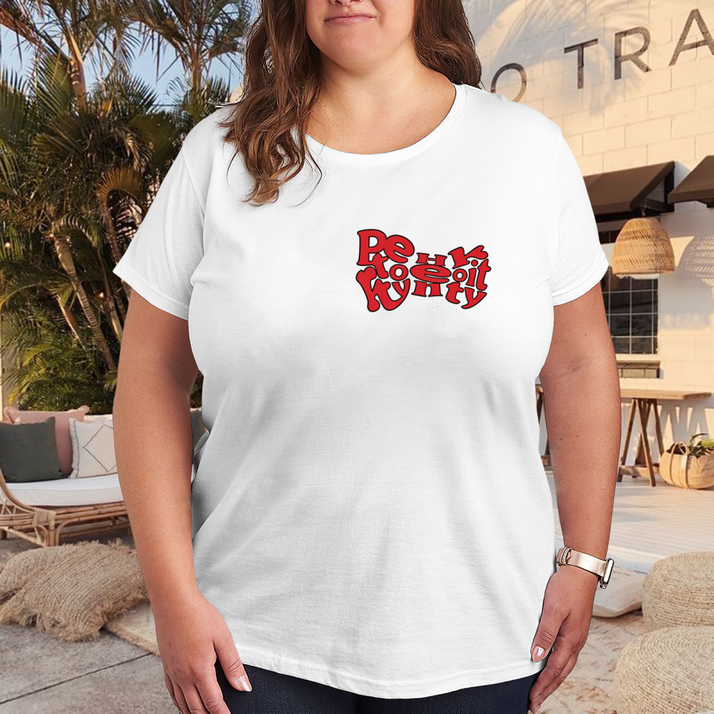 Retro Red Groovy Letter Print Plus Size Women Tee