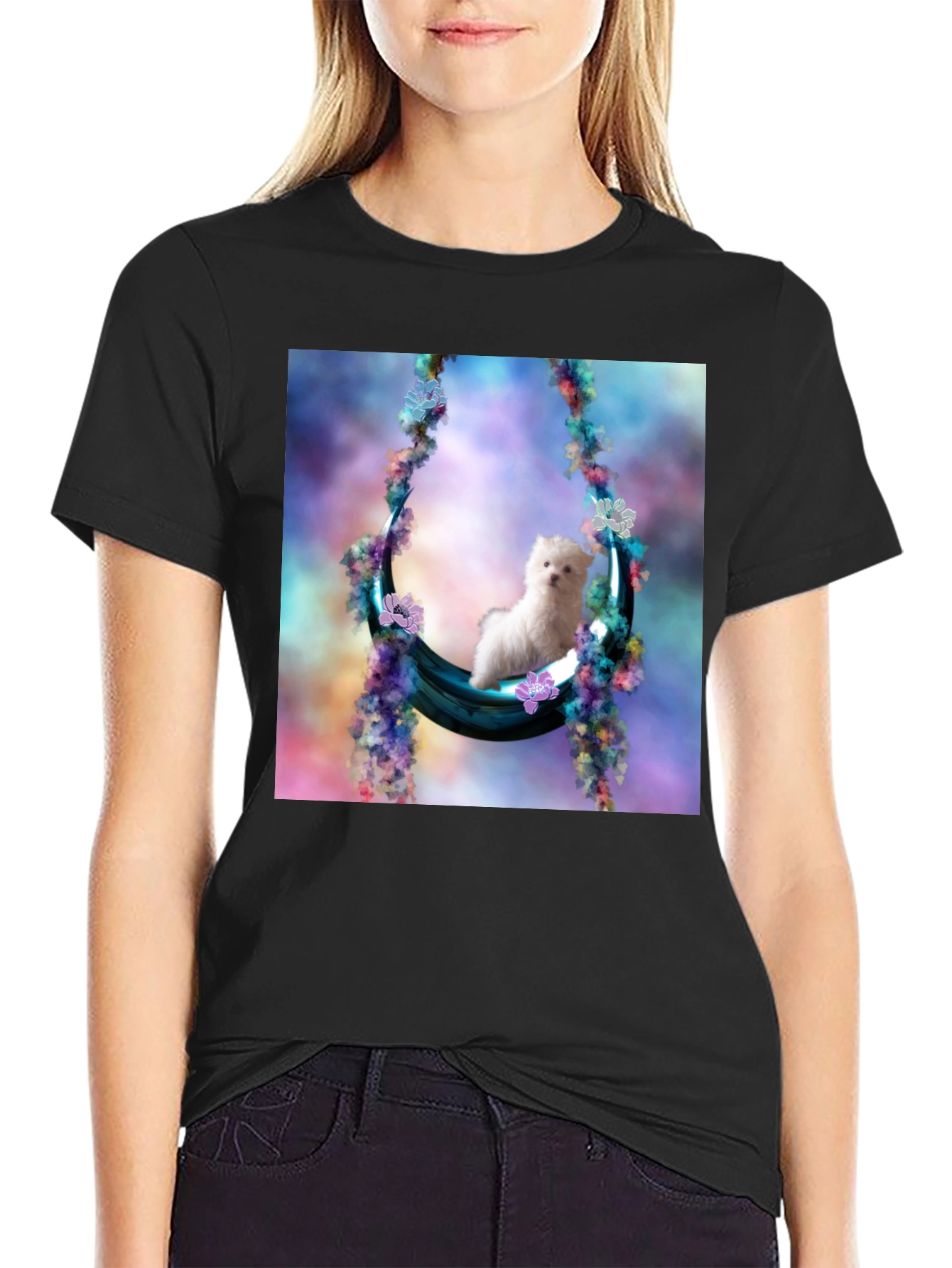 Cute Puppy in Floral Swing Black T-Shirt