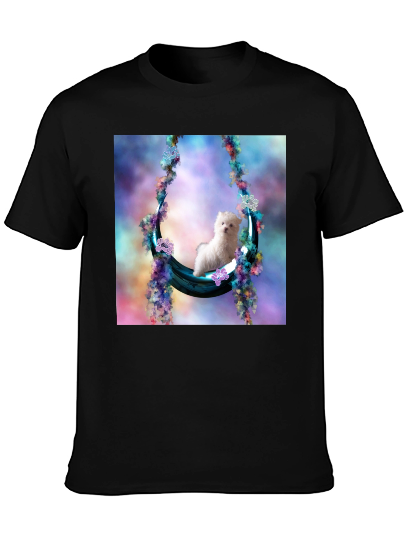 Cute Puppy in Floral Swing Black T-Shirt