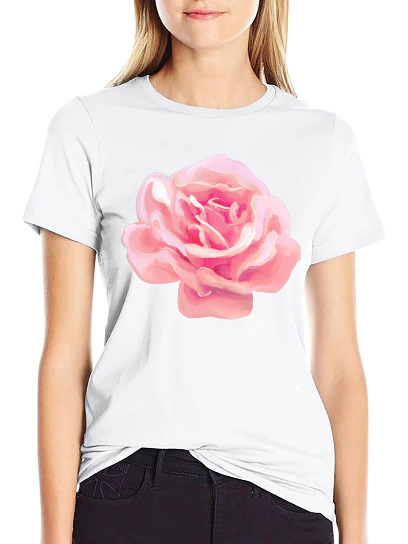 Pink Rose Graphic Black T-Shirt