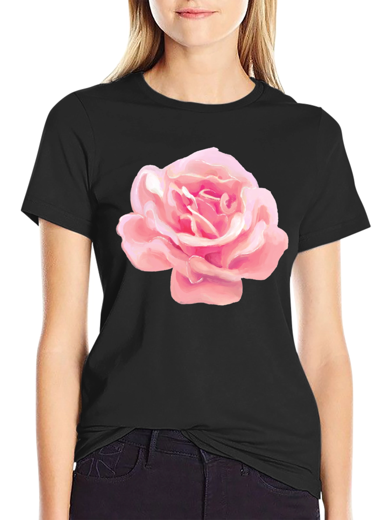 Pink Rose Graphic Black T-Shirt