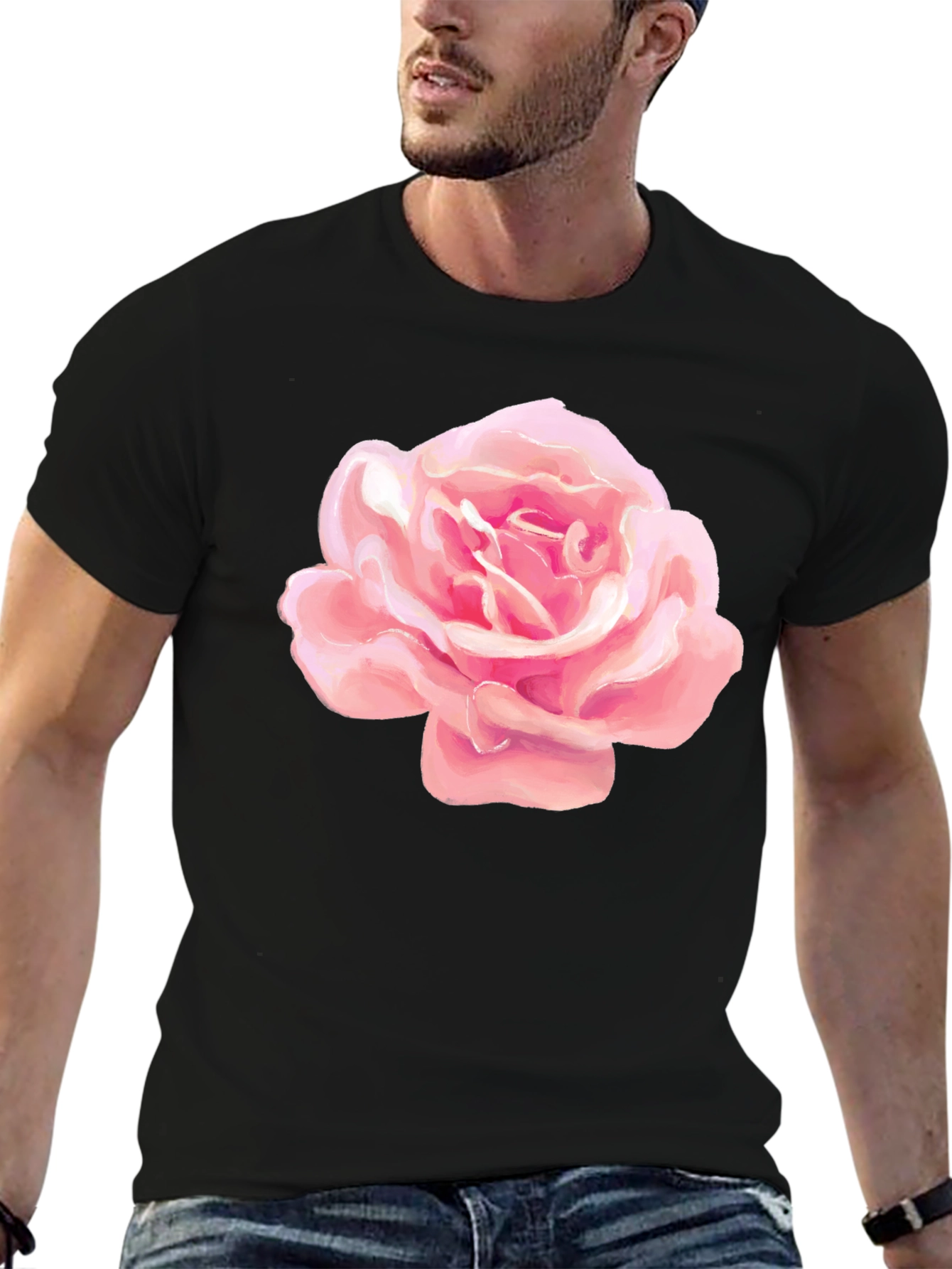 Pink Rose Graphic Black T-Shirt