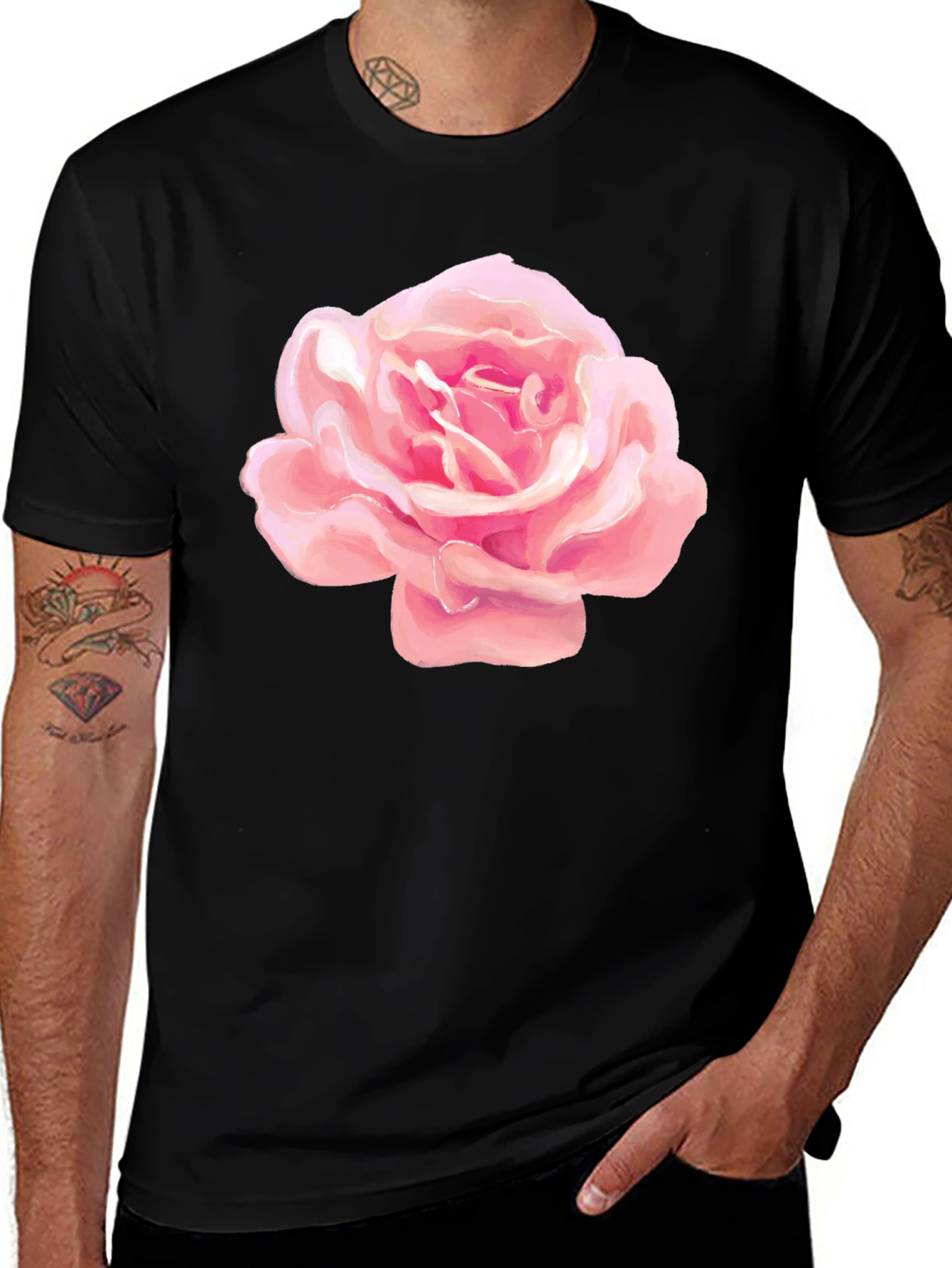 Pink Rose Graphic Black T-Shirt