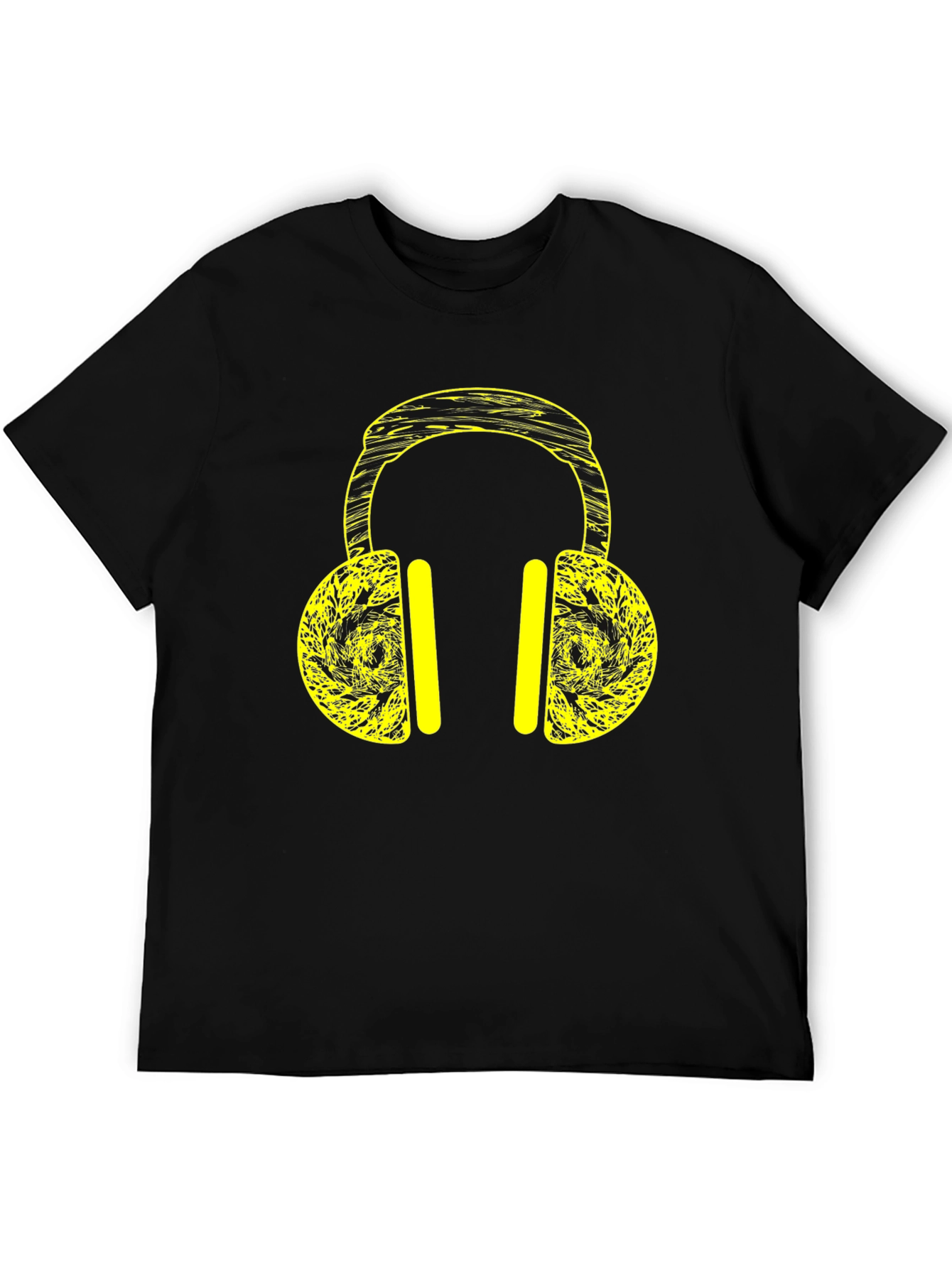 Black T-Shirt with Yellow Headphone Graphic Print