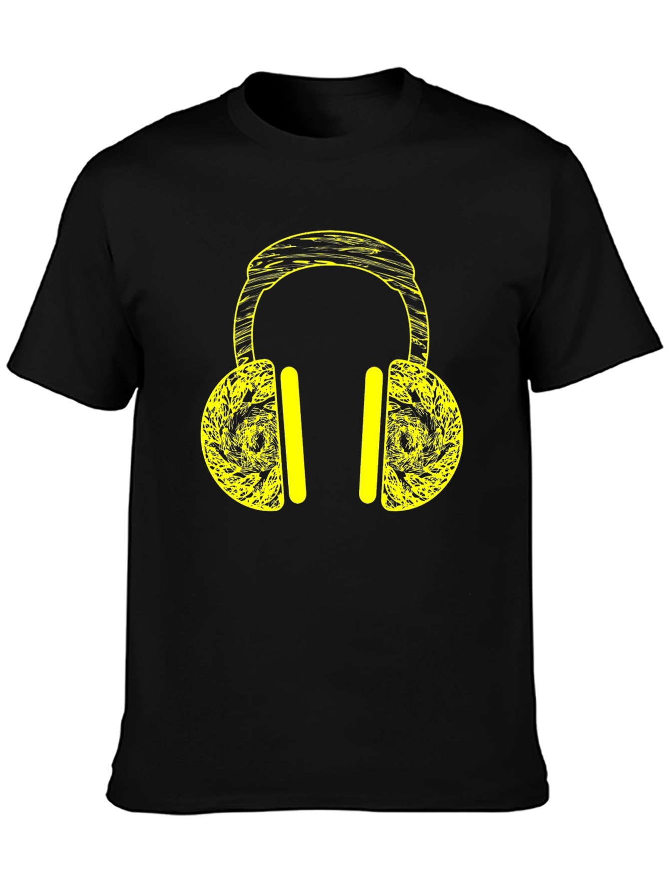 Black T-Shirt with Yellow Headphone Graphic Print