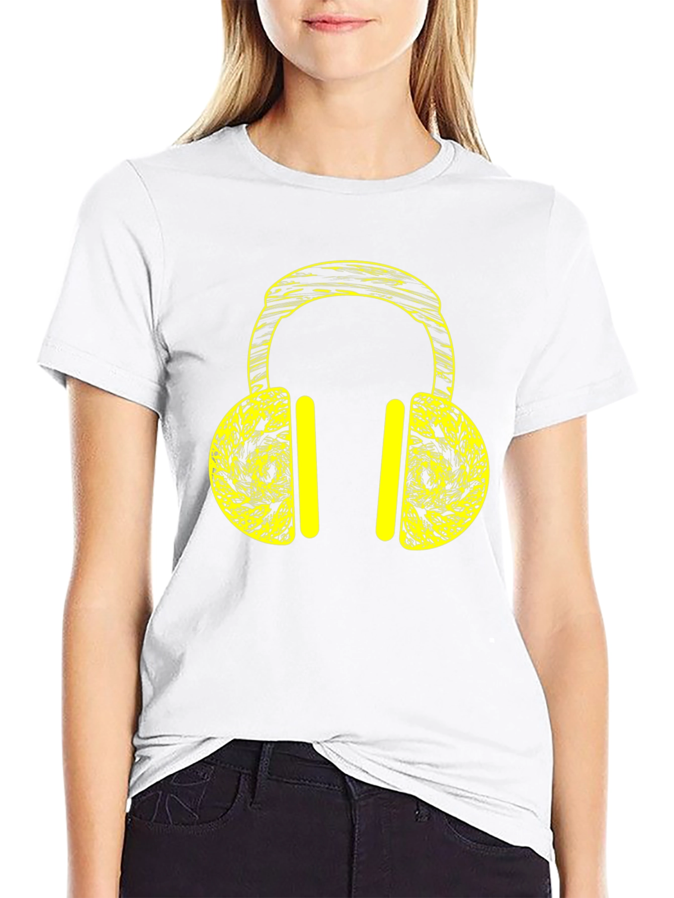 Black T-Shirt with Yellow Headphone Graphic Print