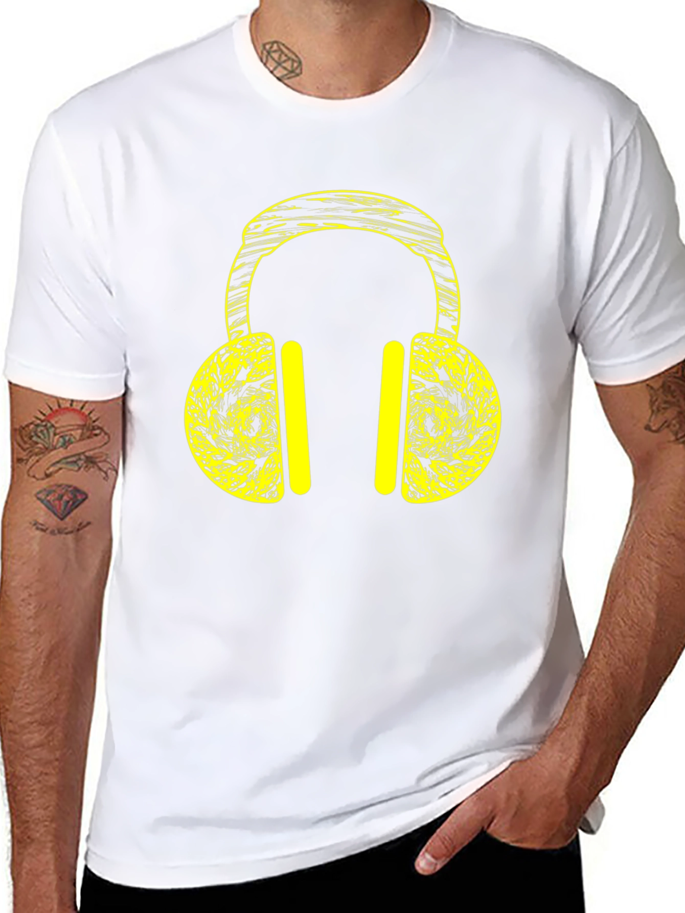 Black T-Shirt with Yellow Headphone Graphic Print