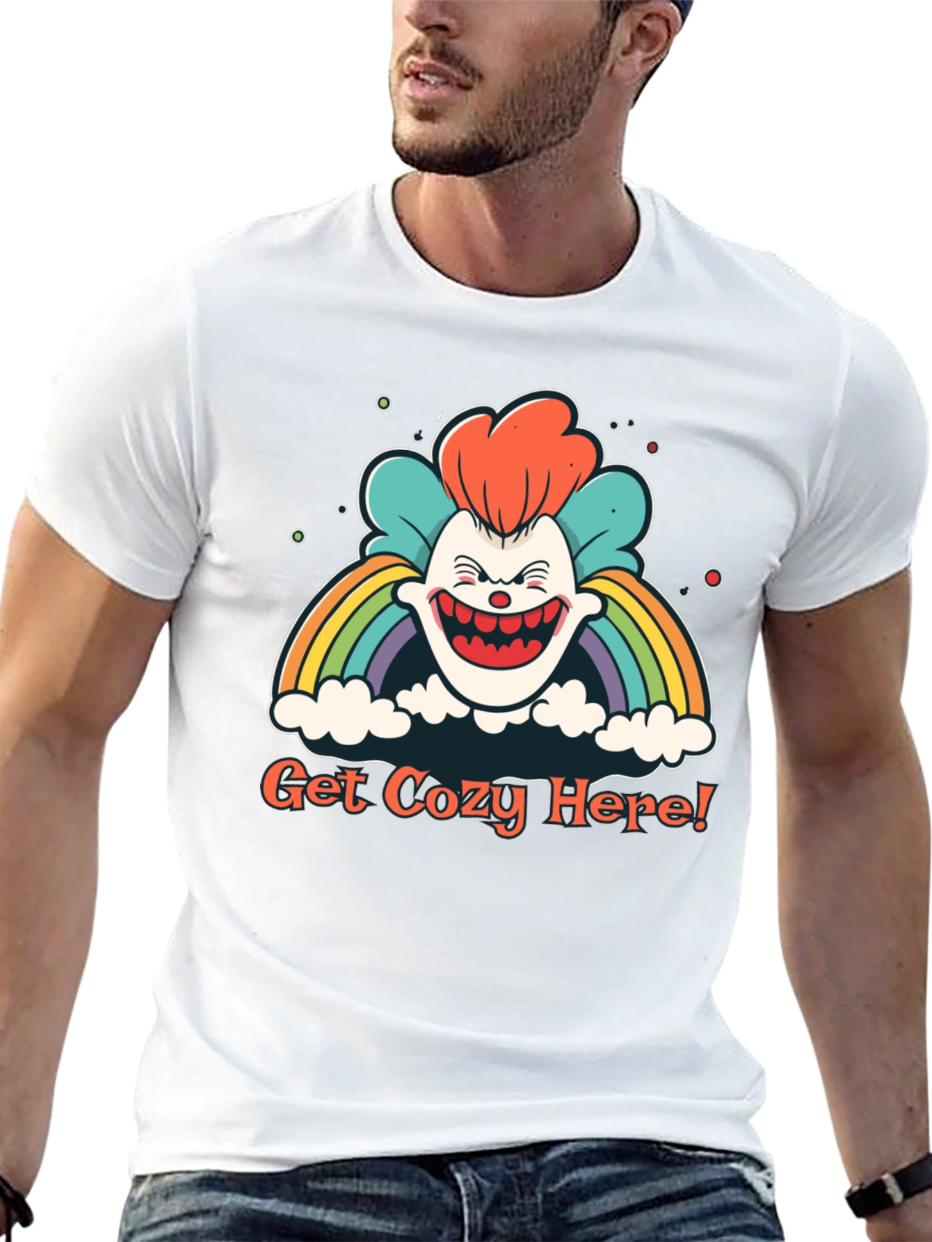 Get Cozy Here! Clown Rainbow Graphic T-Shirt