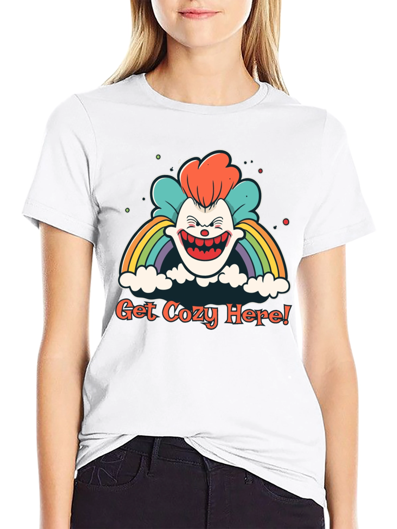 Get Cozy Here! Clown Rainbow Graphic T-Shirt