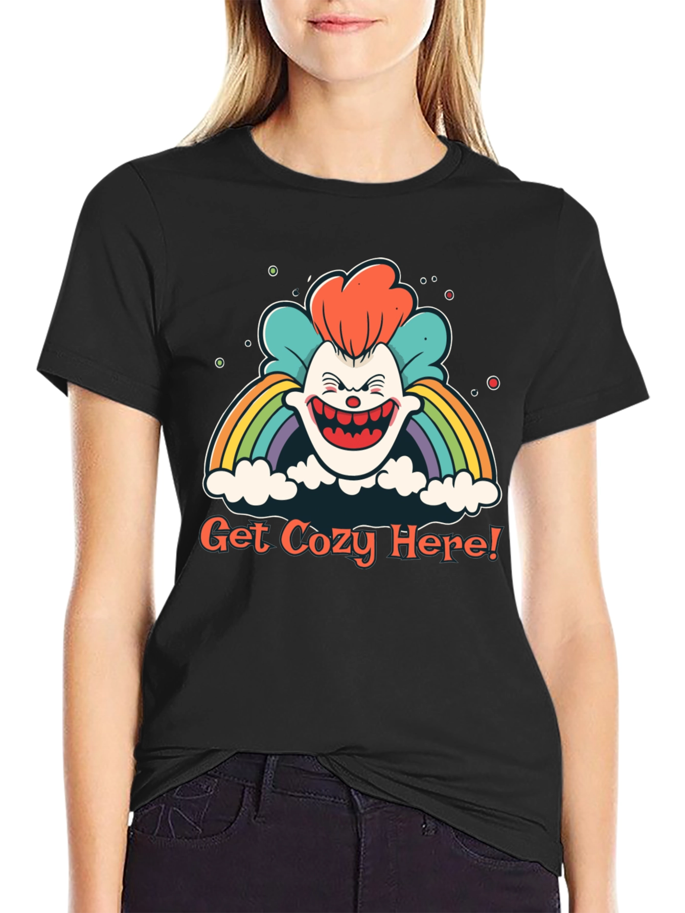 Get Cozy Here! Clown Rainbow Graphic T-Shirt