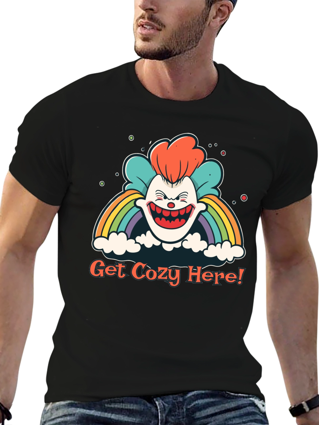 Get Cozy Here! Clown Rainbow Graphic T-Shirt