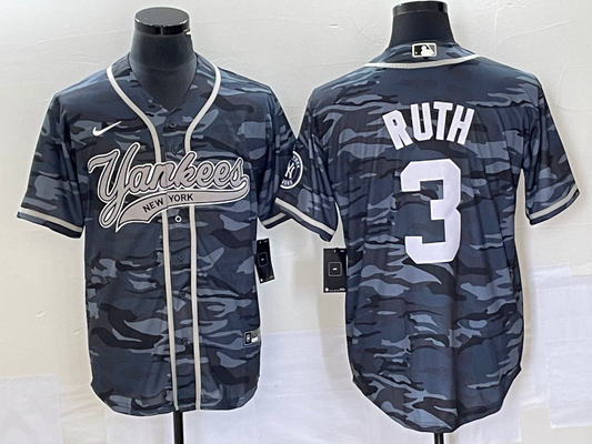 Men's New York Yankees Babe Ruth #3 Grey Camouflage Player Jerseys Joint Edition