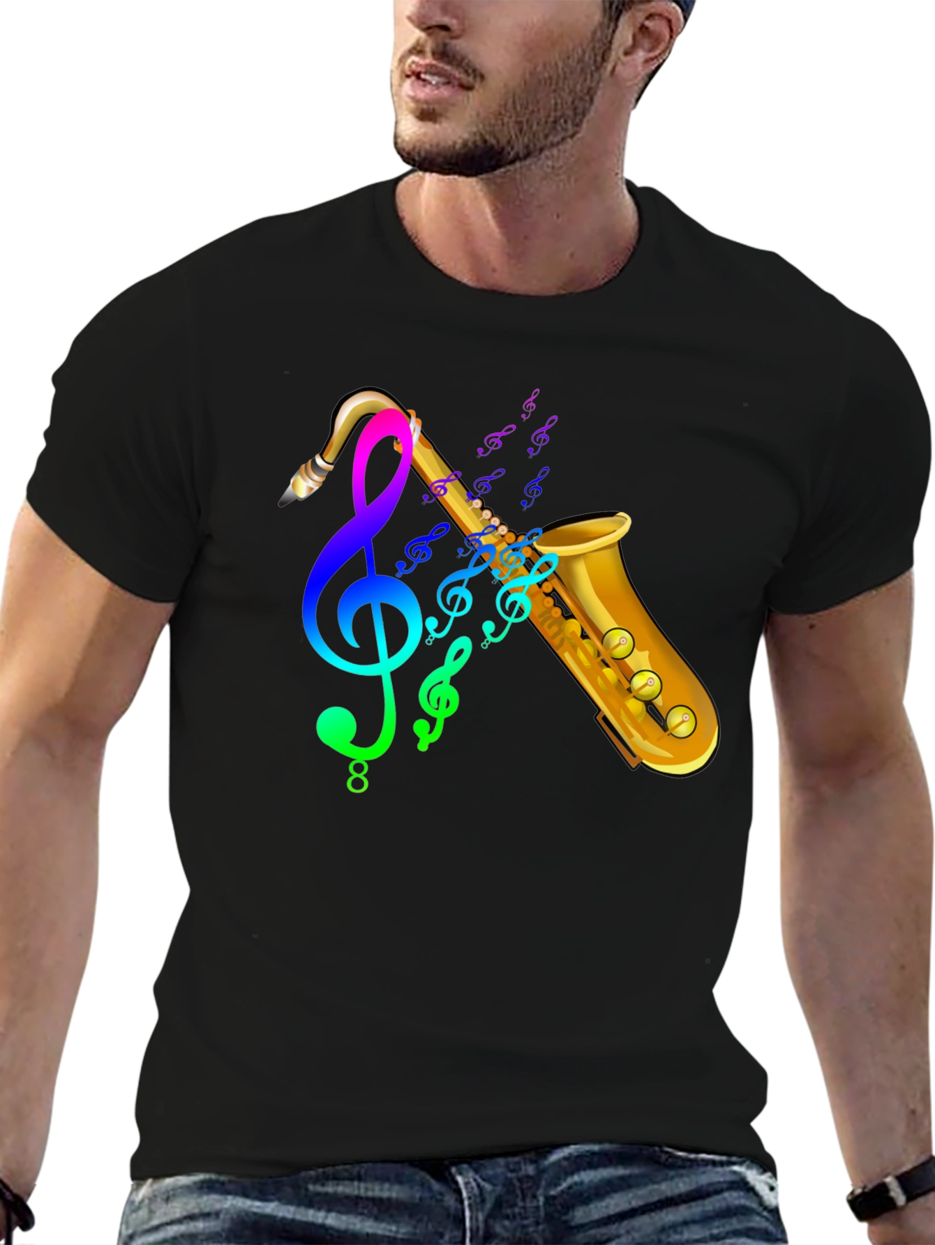 Saxophone & Music Notes Graphic Black T-Shirt