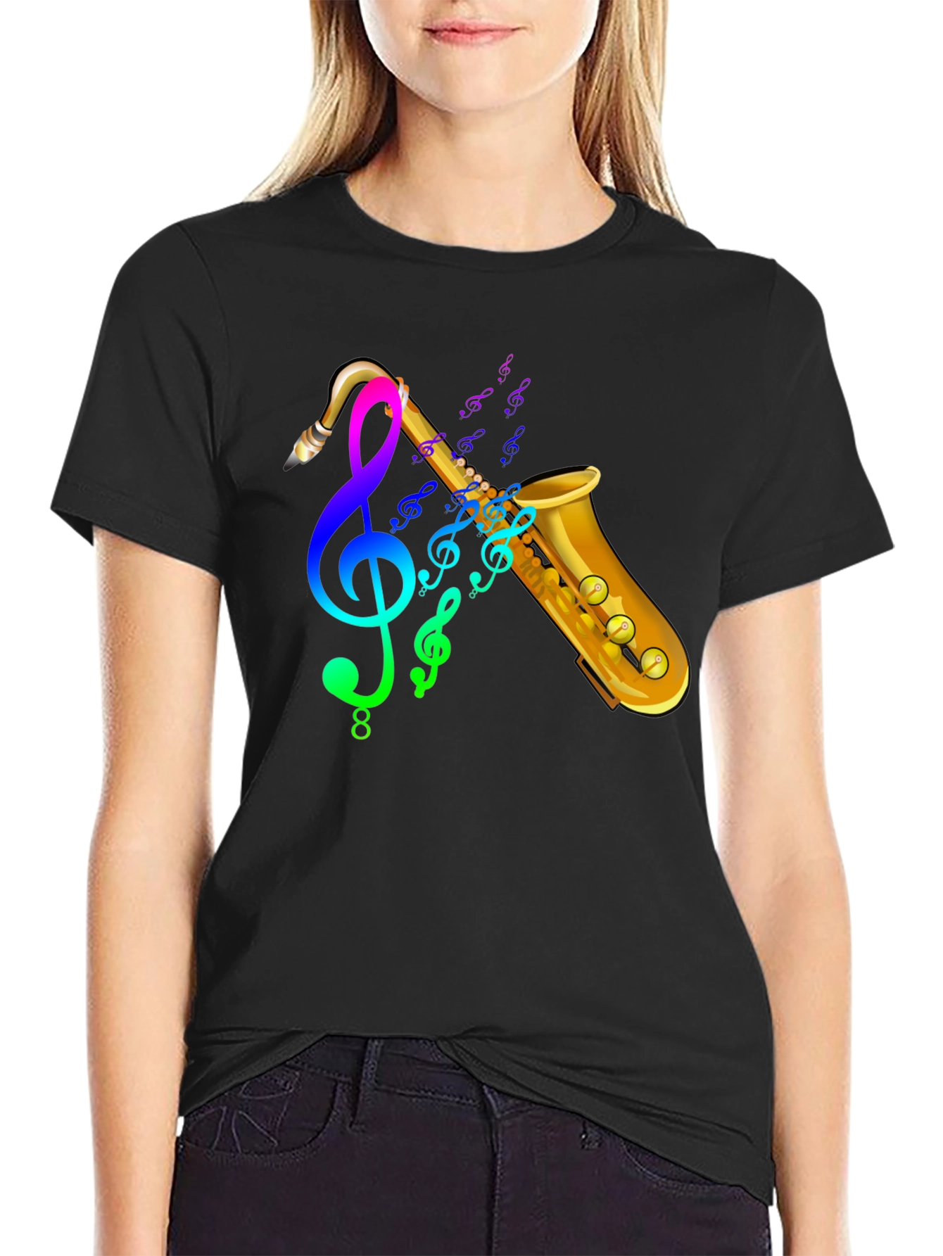 Saxophone & Music Notes Graphic Black T-Shirt