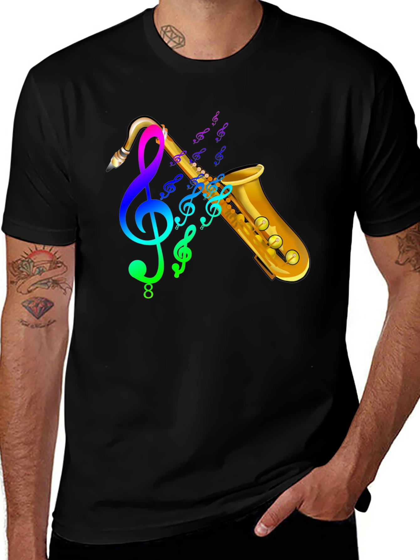 Saxophone & Music Notes Graphic Black T-Shirt