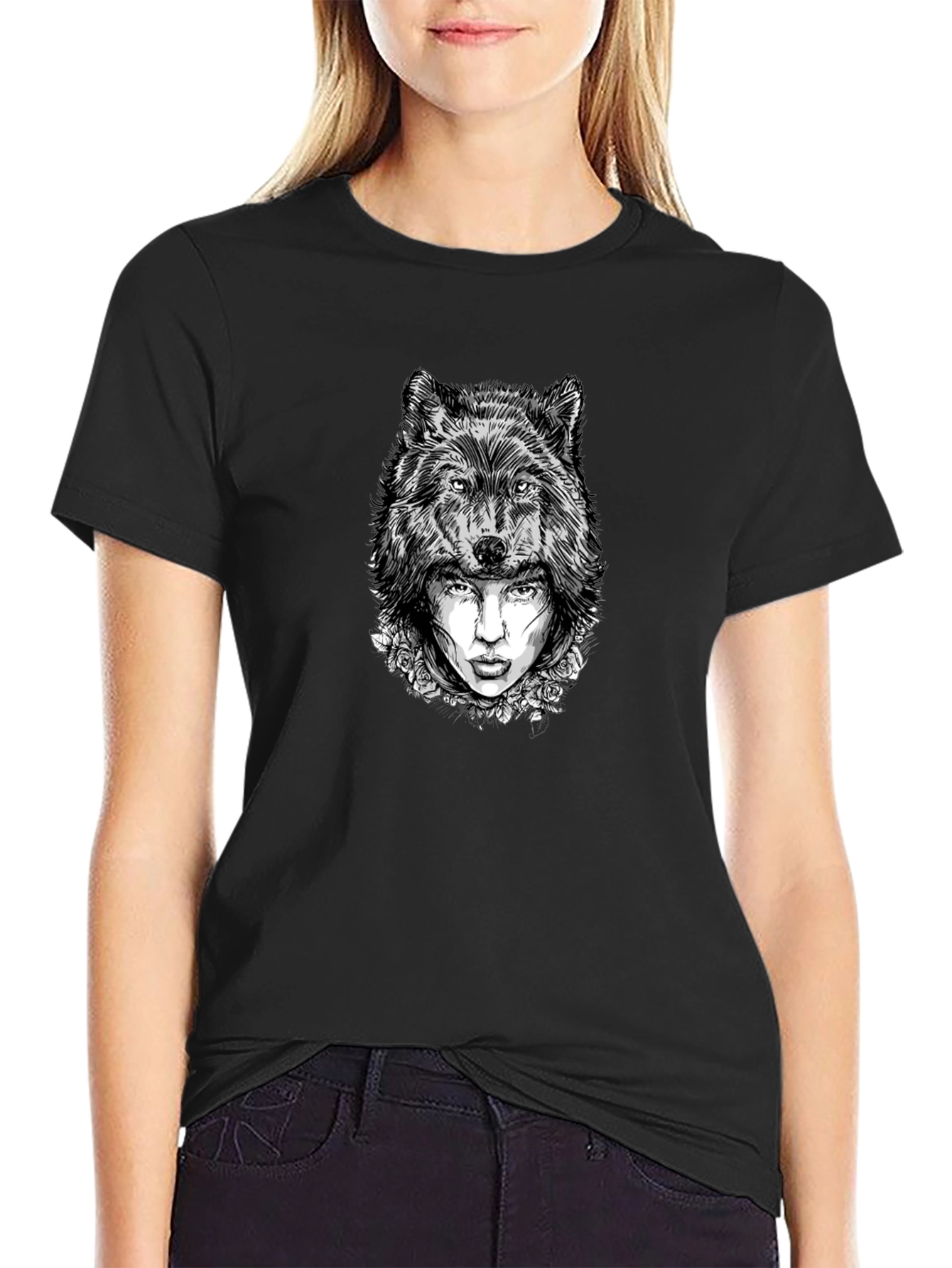 Wolf Woman Graphic Tee - Stylish Black T-Shirt