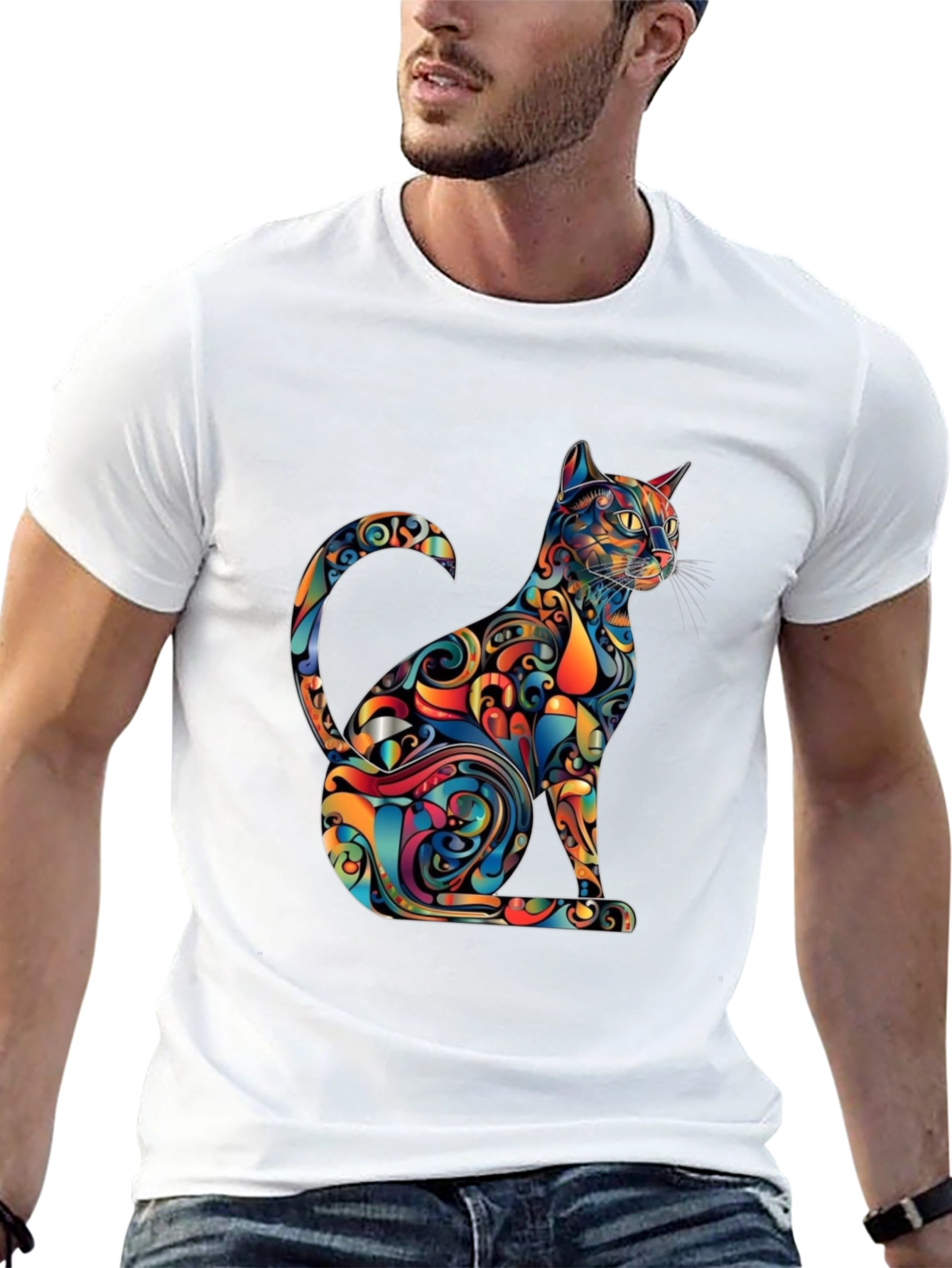 Psychedelic Cat Graphic Tee - Modern Artistic Design