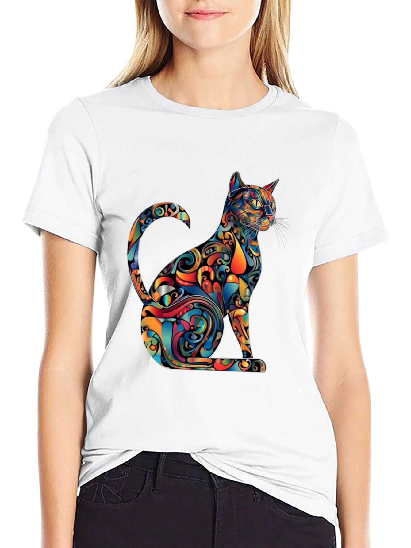 Psychedelic Cat Graphic Tee - Modern Artistic Design