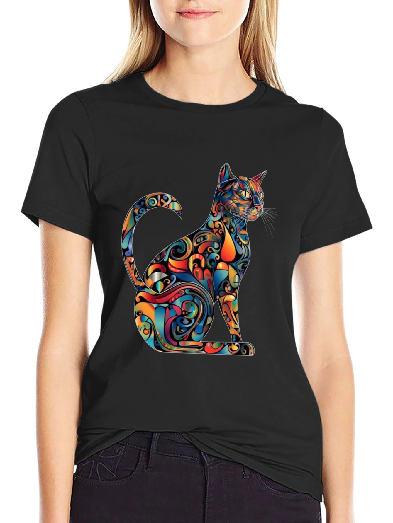 Psychedelic Cat Graphic Tee - Modern Artistic Design