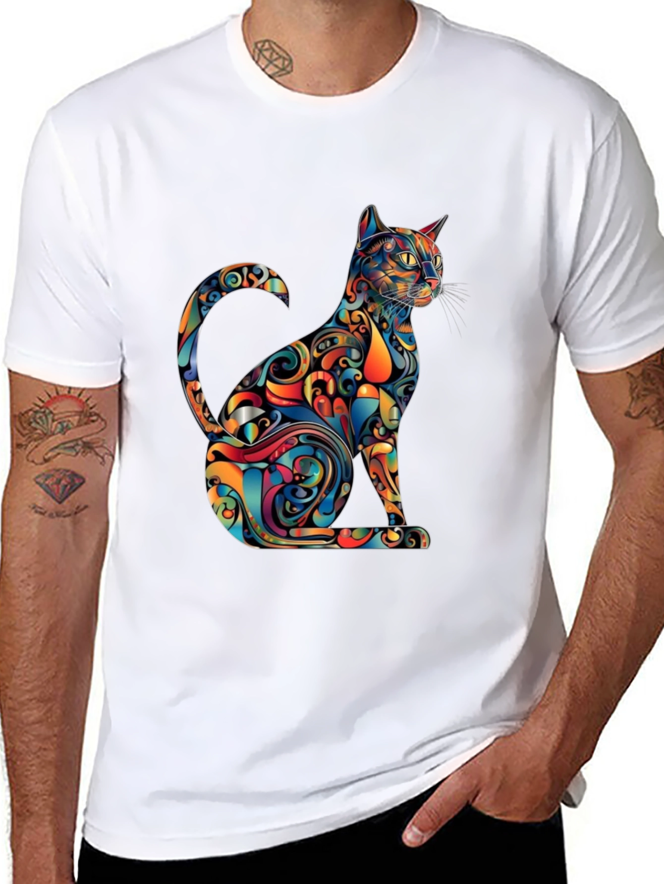 Psychedelic Cat Graphic Tee - Modern Artistic Design