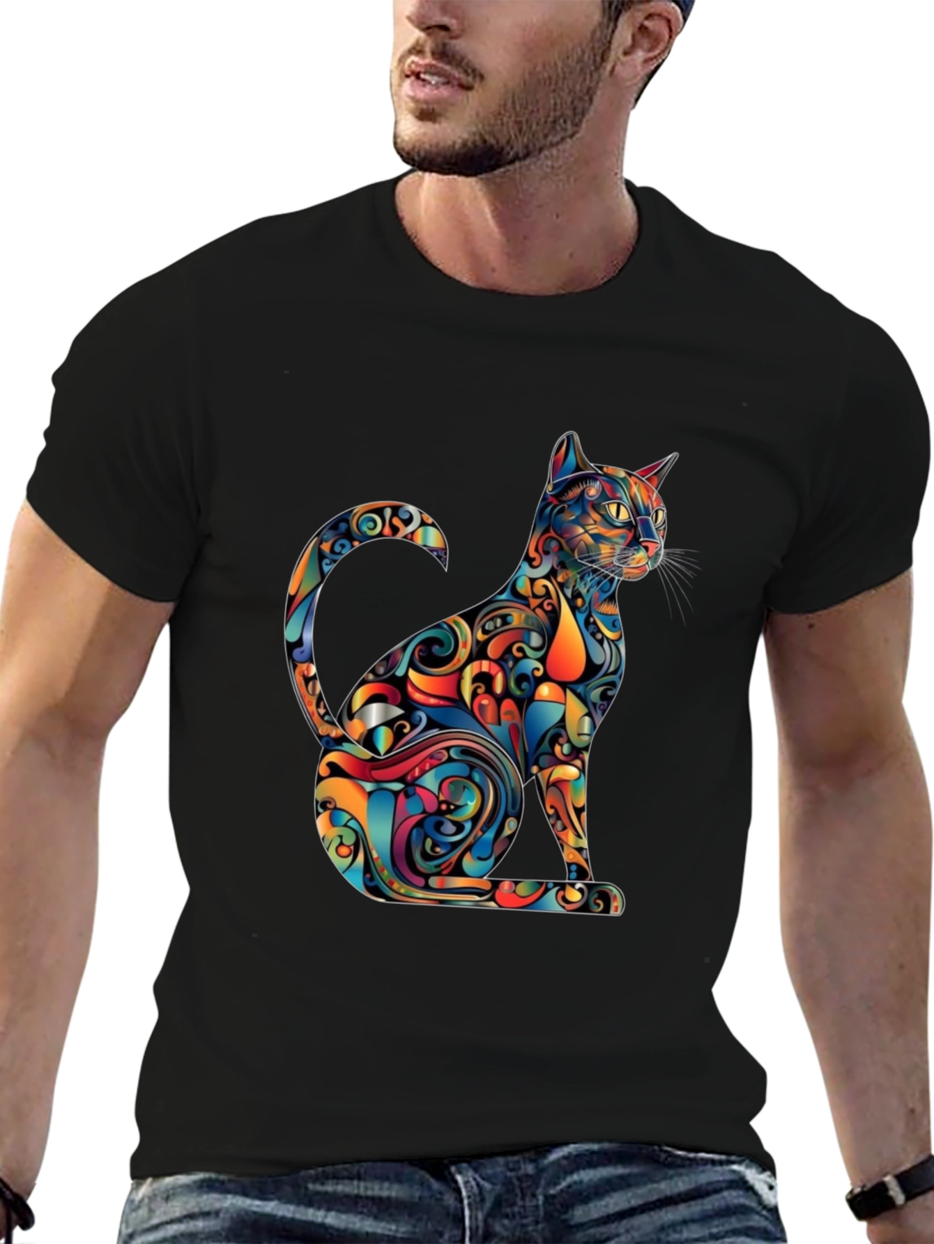 Psychedelic Cat Graphic Tee - Modern Artistic Design