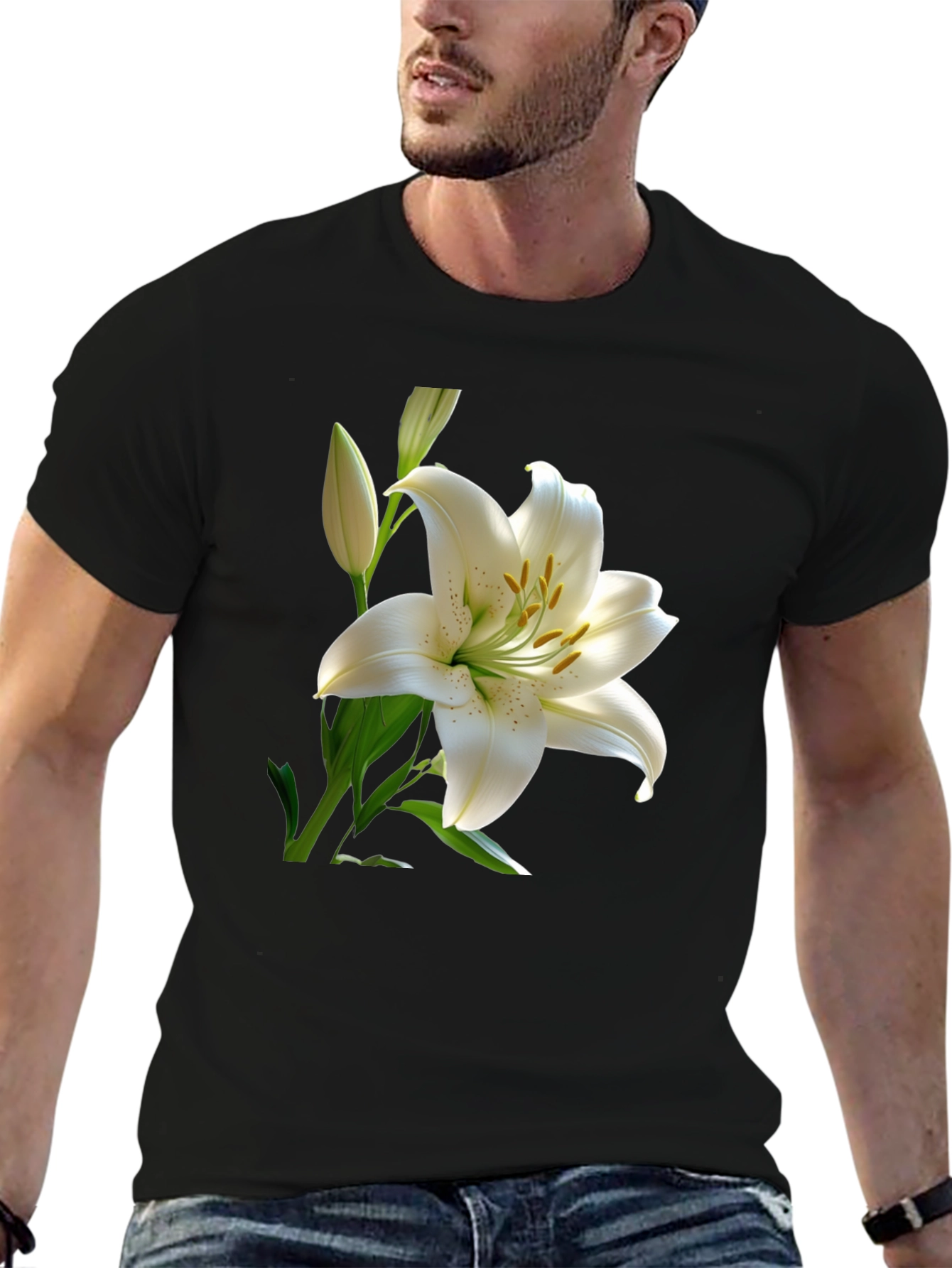White Lily Graphic Tee - Elegant Floral Design
