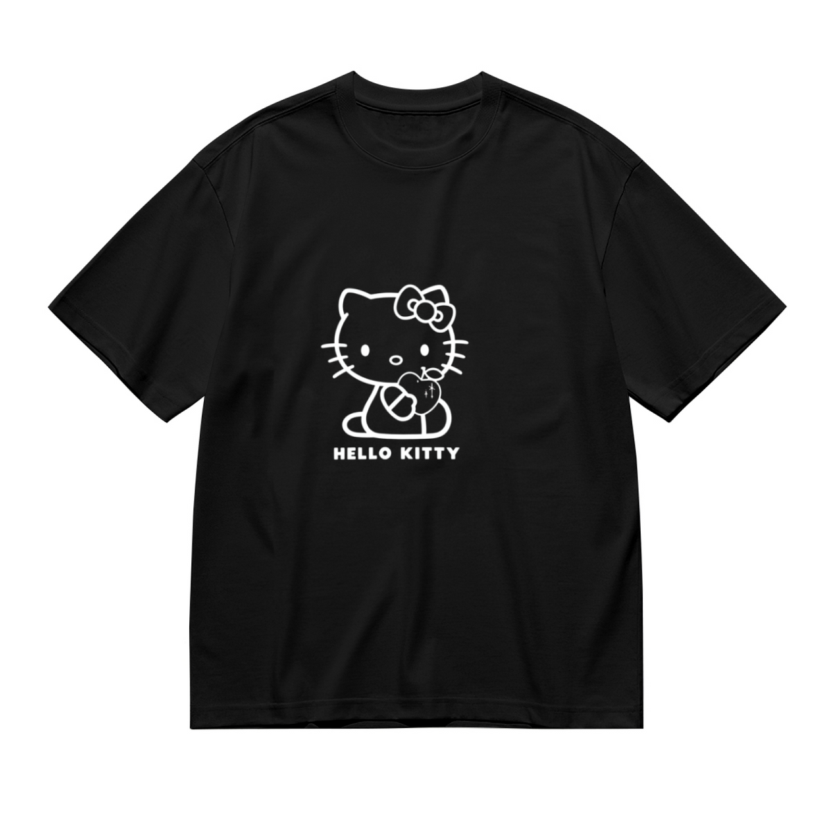 Minimal White Outline Hello Kitty Holding Apple Plus?Size Tee