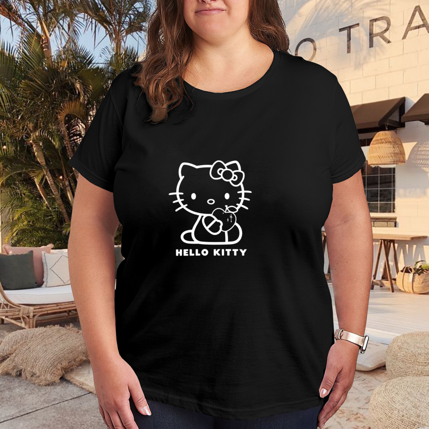 Minimal White Outline Hello Kitty Holding Apple Plus?Size Tee