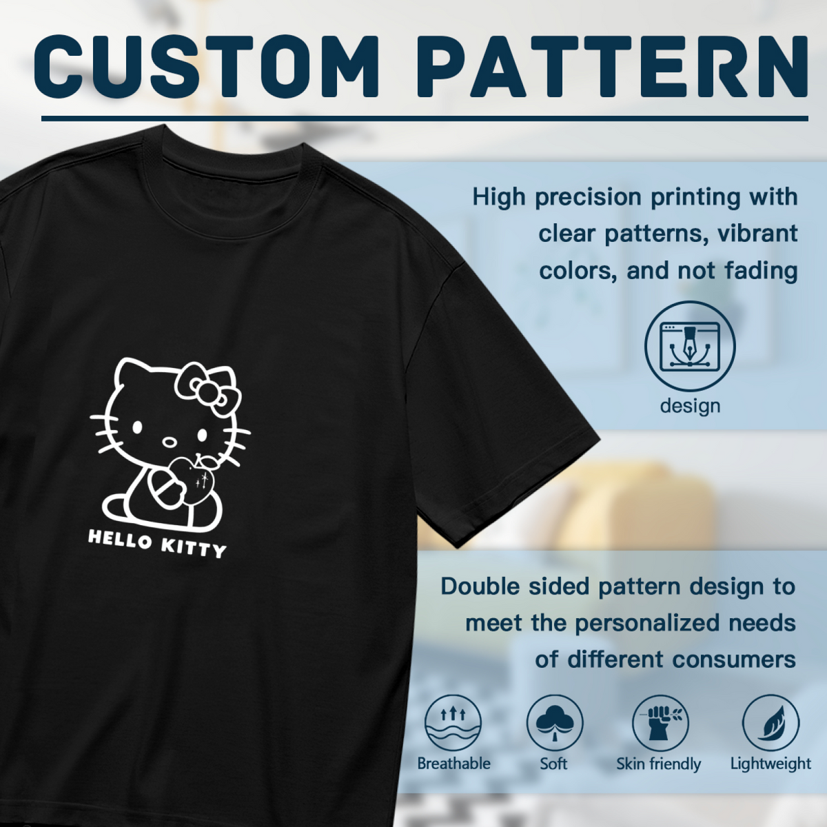 Minimal White Outline Hello Kitty Holding Apple Plus?Size Tee