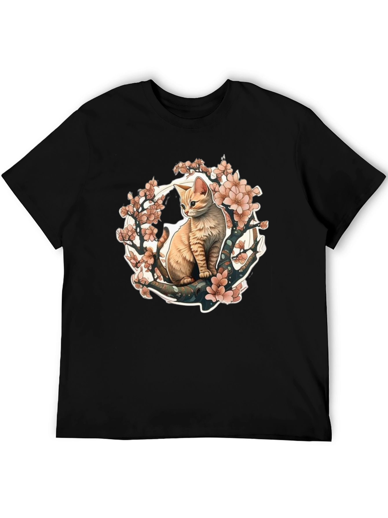 Cat & Cherry Blossom Graphic Tee - Black