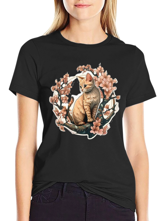 Cat & Cherry Blossom Graphic Tee - Black